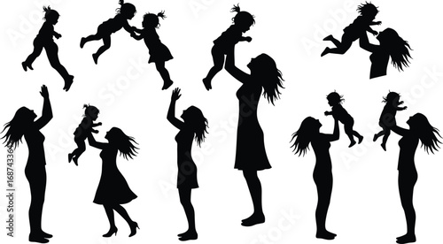 Silhouette of mother and child playing, happy family moments, parenting love, motherhood joy, isolated black vector illustration