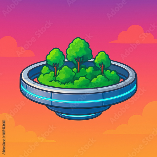 Conceptual sci-fi illustration of a utopian bio-dome ark, a floating island with a lush forest, symbolizing future technology and environmentalism