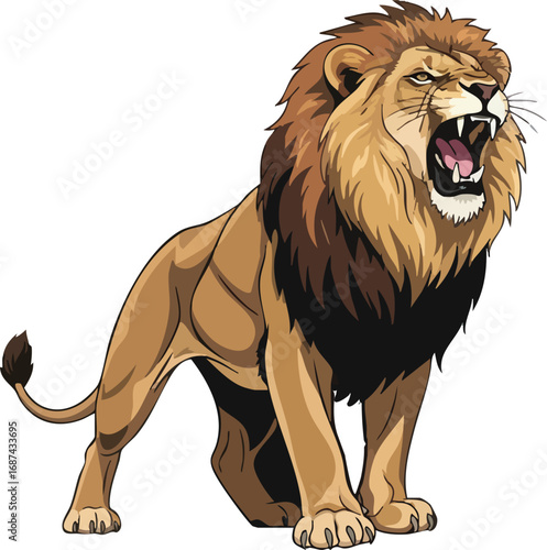 A powerful lion roaring, showcasing its imposing stance and fierce expression.