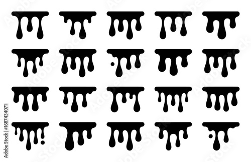 Black Dripping Paint or Liquid Icons Set on White Background