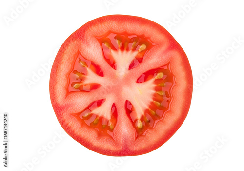 Wallpaper Mural Close-up view of a vibrant tomato slice, showcasing its intricate interior detail against a striking black background. Torontodigital.ca