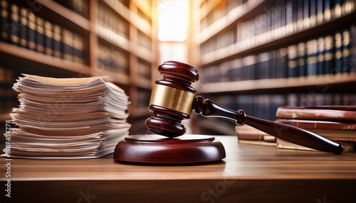 gavel on wooden base with voluminous legal files representing complex legal cases and justice system challenges