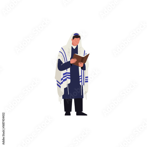 Jewish Man in Prayer Shawl Reading Book.