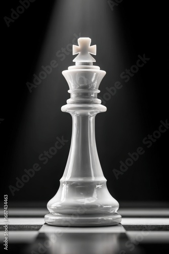 White king chess piece standing on chessboard under spotlight