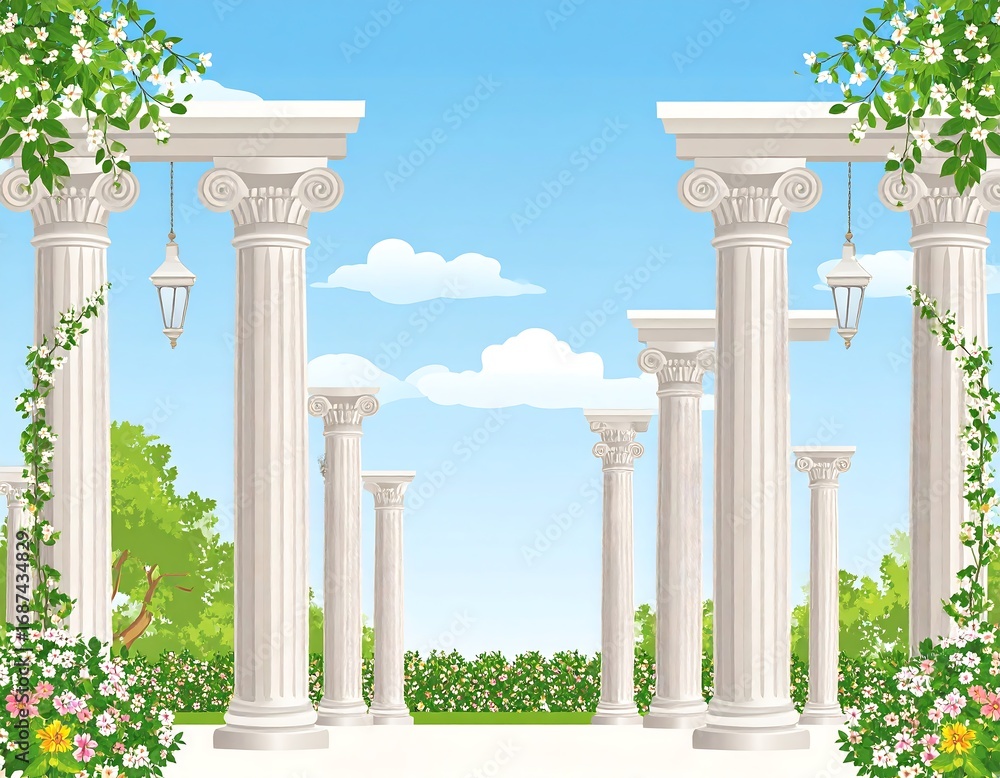 Naklejka premium Classical columns in a lush garden setting