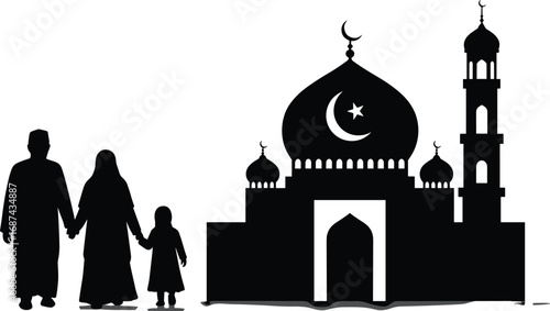 Silhouette of Muslim Family Visiting Mosque, Islamic Worship Concept, Parents and Child Together, Faith, Religion, Spirituality, Ramadan, Eid, Prayer