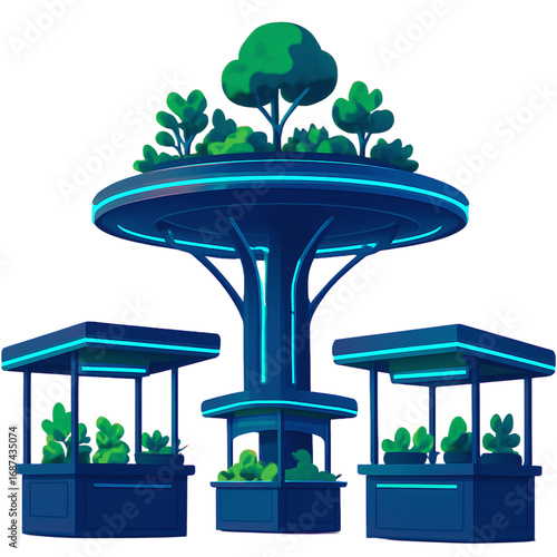 An innovative concept of futuristic market stalls with integrated green technology for sustainable urban living isolated on a white background