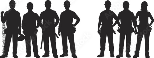 Silhouettes of construction workers in uniform with tools, teamwork concept, labor force illustration, industrial safety, black vector isolated design