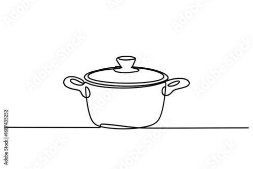 Minimalist line art drawing of a cooking pot with lid and handles