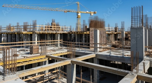 Wallpaper Mural Construction Site Framework: Concrete, Steel, and Crane Against a Clear Blue Sky Torontodigital.ca