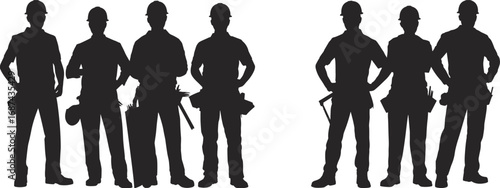 Silhouettes of construction workers in uniform with tools, teamwork concept, labor force illustration, industrial safety, black vector isolated design