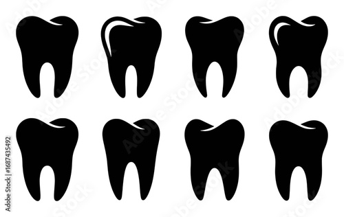 Black Silhouette Icons of Teeth on a White Background
