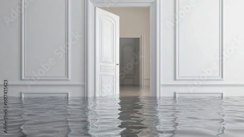 Interior room flooded with water, doorway open to another room.