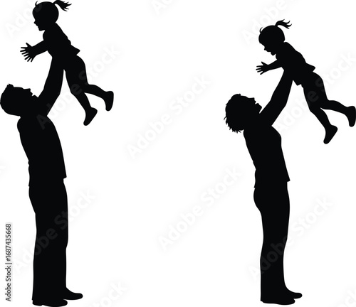 Silhouettes of father and mother lifting daughter, happy parenting moments, family bonding, love, childhood joy, vector illustration, isolated