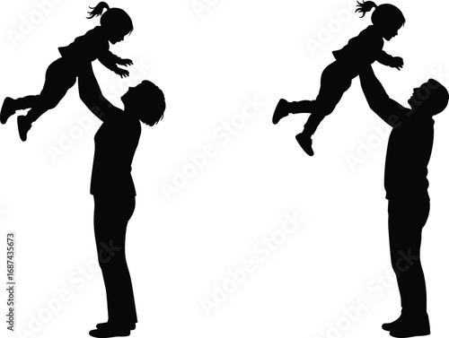 Silhouettes of father and mother lifting daughter, happy parenting moments, family bonding, love, childhood joy, vector illustration, isolated
