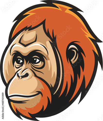 A vibrant cartoon illustration of an orangutan's head, featuring its distinctive orange fur and a gentle expression, looking towards the left.
