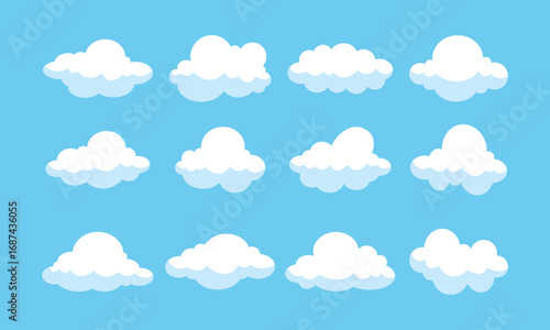 Cartoon flat white clouds set on blue background. Fluffy white cartoon clouds. Vector set of cartoon flat clouds illustration. Clouds