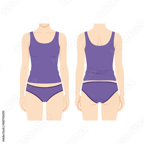 Purple tankini swimsuit front back view fashion apparel illustration vector