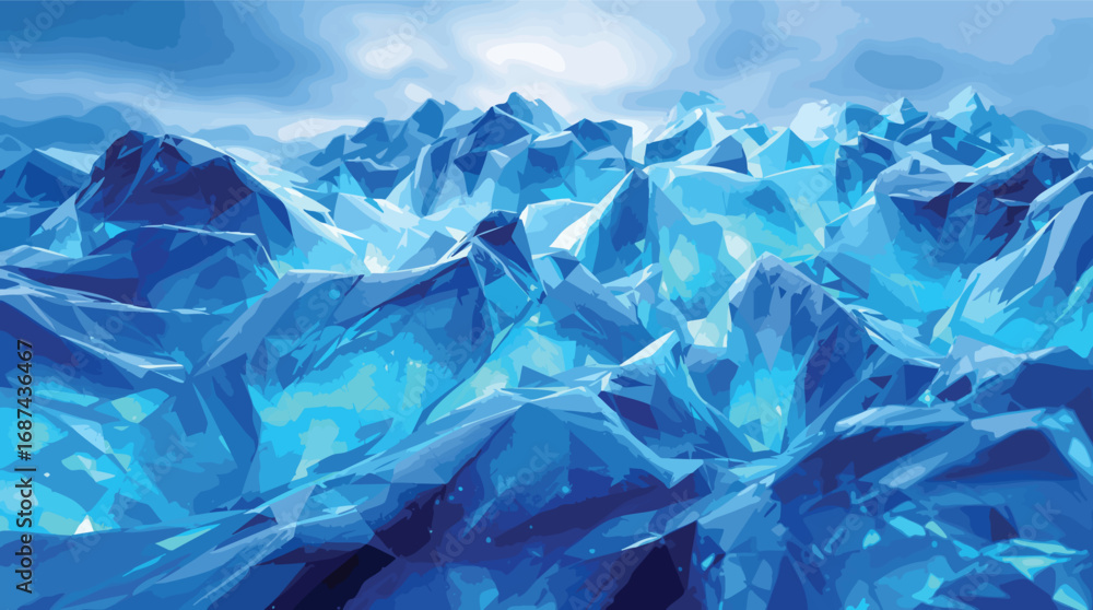 Obraz premium Abstract polygonal landscape of sharp blue ice formations under a cloudy sky glacier mountain.