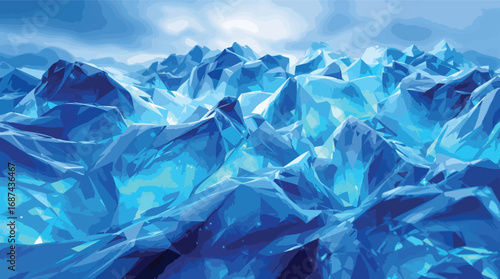 Abstract polygonal landscape of sharp blue ice formations under a cloudy sky glacier mountain.