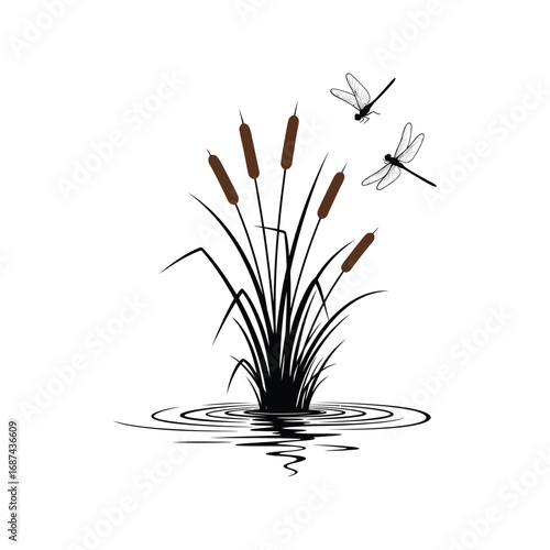 Dragonflies hover over cattails reflecting in water pond nature silhouette vector