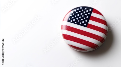 A glossy circular button featuring the United States flag, isolated on a clean white background with a soft shadow and ample copy space