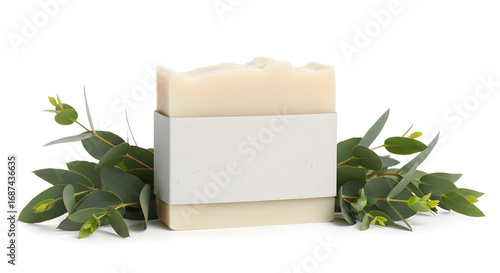 Handmade natural soap bar with a blank label mockup for branding, surrounded by fresh green eucalyptus leaves and isolated on a white background