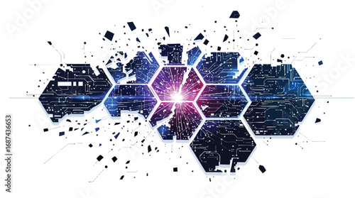 Exploding Hexagonal Network of Circuitry and Cosmic Patterns on White Background vector illustration.