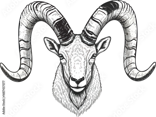 Majestic bighorn sheep head, detailed ink drawing, large curled horns.