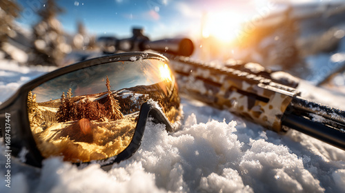 winter sports gear on snow ice skates, ski helmet with goggles reflecting snowy mountains, biathlon rifle