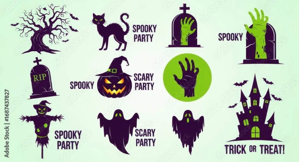 Fototapeta premium Collection of spooky halloween icons including a haunted house, black cat, and ghosts