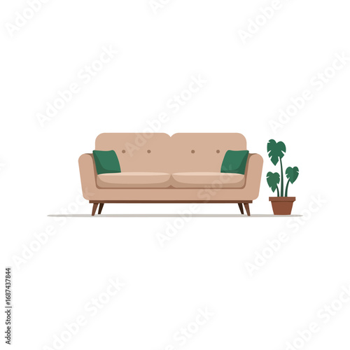 Modern beige sofa with green cushions and potted plant interior design concept vector