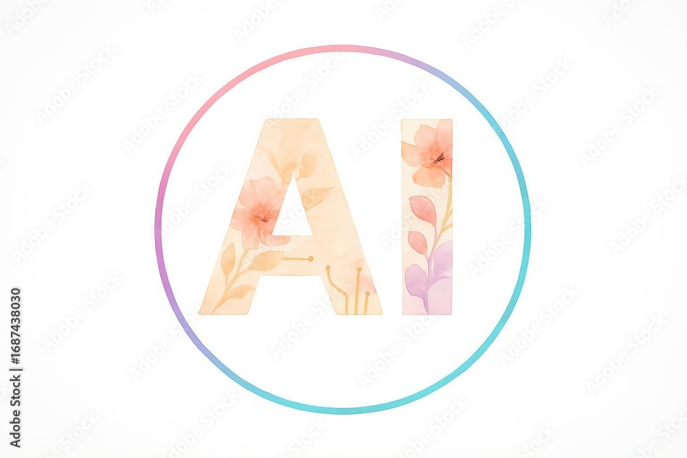 Obraz premium Abstract ai logo with soft floral watercolor texture inside a circular gradient frame symbolizing creativity and innovation