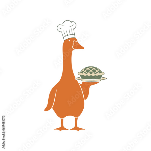 Chef duck holding pie illustration for food bakery culinary cuisine and recipe websites vector