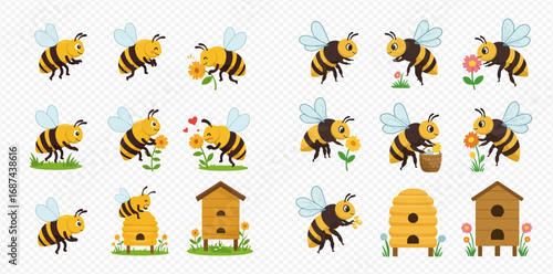 Cute cartoon bees in various poses interacting with flowers and beehives, illustrating pollination and honey production.