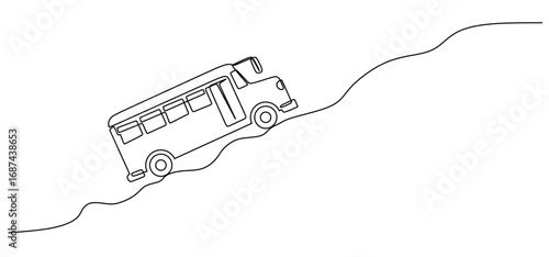Continuous line art of a school bus traveling on a winding, bumpy road. Free transportation concept for school children. Vector illustration.