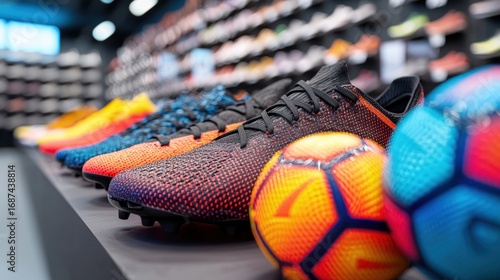 Sporting Goods Display Rows of Soccer Cleats and Balls on Shelves in a Store