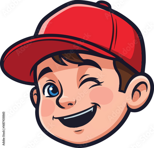 Playful cartoon boy winking, wearing a red baseball cap.