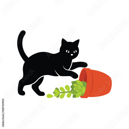 Curious black cat playfully interacts with a fallen red pot spilling vibrant green herbs vector