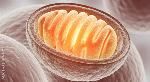 Cellular power generator: a detailed illuminated view of a mitochondrion's inner structure.