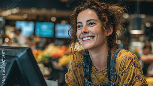 Wallpaper Mural cashier handling store transactions cheerful professional employee at cash register ensuring smooth shopping payment process business operation retail customer service happy smile Torontodigital.ca