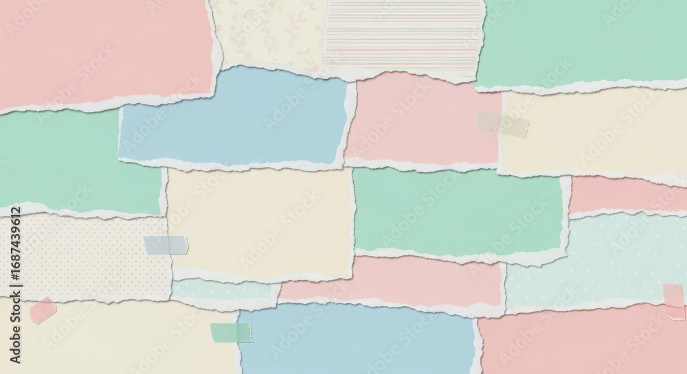 Fototapeta premium Pastel paper collage background with torn edges and soft color palette