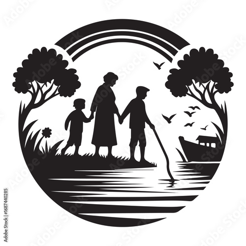 grandparents with kids vector silhouette clipart logo design illustration