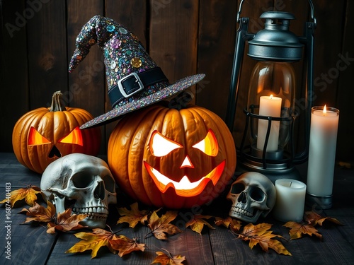 Spooky halloween scene with jack o lanterns skulls witch hat and candles
