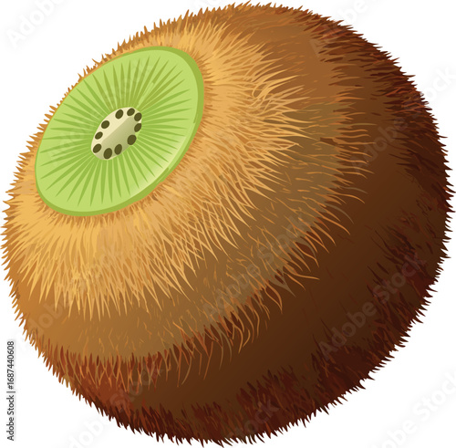 Vector vector art of fuzzy brown kiwi fruit with green flesh and black seeds, transparent background