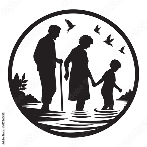 grandparents with kids vector silhouette clipart logo design illustration