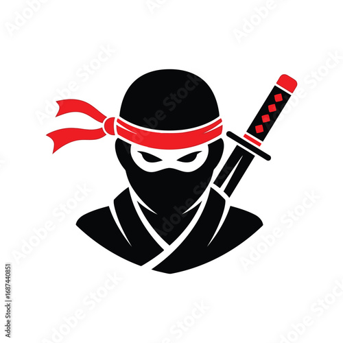 Stealthy ninja warrior with sword mask and red bandana action symbol vector