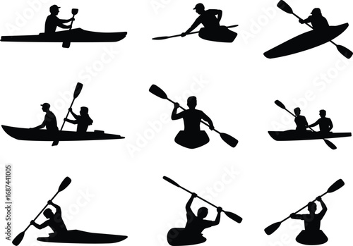 Kayaking silhouette vector collection, people paddling canoe illustration, outdoor adventure sport, river water activity, kayaking icons set, summer recreation design, kayak paddle art