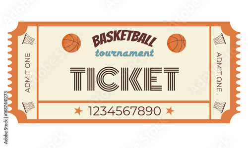 Sports competition ticket, basketball tournament, vector, basketball basket, basketball ball, retro