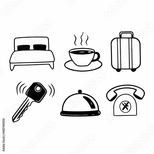 Hotel service icons bed, coffee, luggage, key, bell, and phone